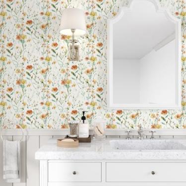 Imagem de VaryPaper Papel de parede floral bege aquarela para quarto, banheiro, 44 x 192 cm, papel de parede de flores silvestres removível decorativo para armários e prateleiras