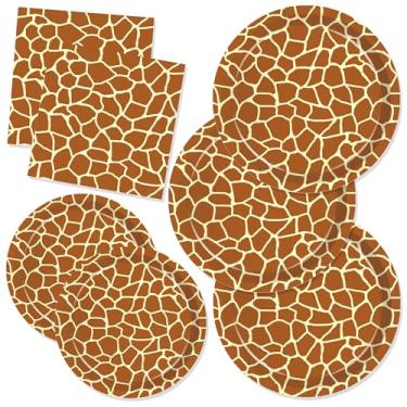 Imagem de CC HOME Pratos de papel de aniversário com padrão de girafa, guardanapos, safári, animal, girafa, conjunto de utensílios de mesa descartáveis, suprimentos de festa, tema de selva, serve 24 convidados