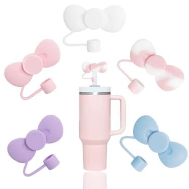 Imagem de 5 peças de capas de canudo de laço adoráveis compatíveis com copos Stanley de 30 e 1,134 g, protetores reutilizáveis e fofos de silicone para canudos StanleyCups de 10 mm