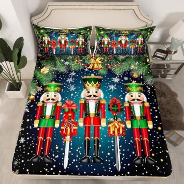 Imagem de Jogo de lençol casal, quebra-nozes de Natal, Feliz Natal, floco de neve, lençol com elástico com sino de Natal para crianças, meninos, meninas, adolescentes, vermelho e verde