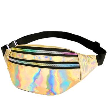 Imagem de Fanny Pack Bolsa feminina holográfica horizontal à prova d'água com cinto ajustável a laser moda esportes PU brilhante pochete, Dourado, Pacotes de cintura