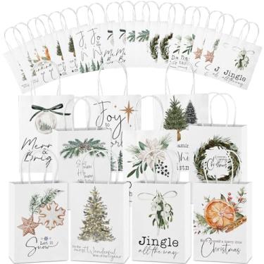 Imagem de Tenceur 20 sacos de presente de Natal a granel com alças, saco de presente Kraft reutilizável, sacos de papel de Natal para embrulho de presente de doces surpresa de Natal, 20 x 14 x 8 cm (branco)