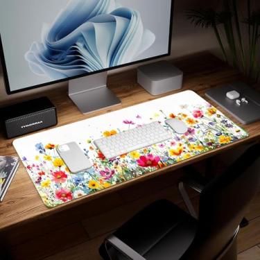 Imagem de Tapete de mesa de flor de couro, mouse pad de arte colorida grande teclado de computador mousepad para jogos à prova d'água protetor e capa de mesa, tapete de mouse decorativo de couro PU para laptop
