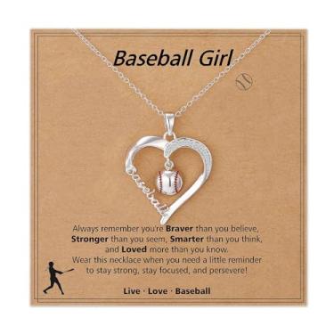 Imagem de Colar com pingente de coração de strass de beisebol prata para mulheres e homens corrente ajustável Love Sports Ball Charm Party Jewelry Team Players Sport Fans Lovers Gifts with Inspirational Card