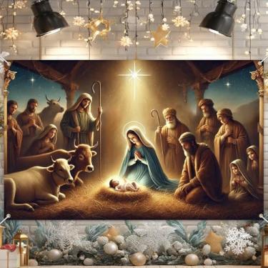 Imagem de HOMETITUTE Banner de presépio 188 x 109 cm pano de fundo de Natal com Sagrada Família Bebê Jesus Manjedoura Pastores Animais Estrela de Belém Fundo Religioso para Igreja Decoração de Festa de Concurso