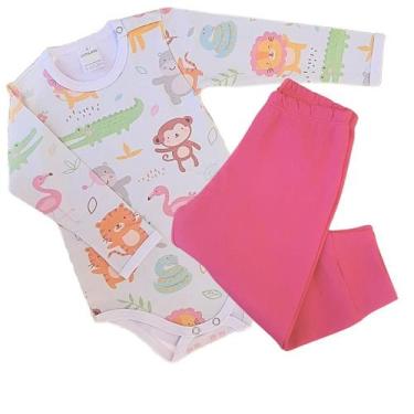 Imagem de Kit Body Infantil Manga Longa Safari e Rosa RN a G - Algodão Premium -