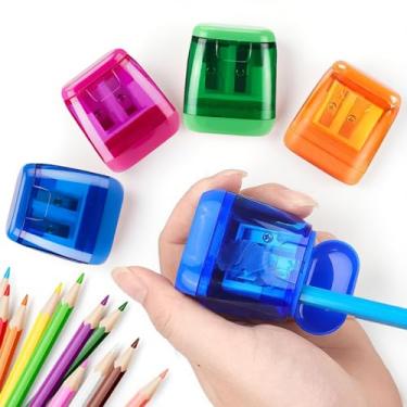 Imagem de Conjunto de apontador de lápis de furo duplo com recipiente, apontadores manuais portáteis para mesa de escritório escolar e acessórios de estudo em casa (azul, verde, rosa, laranja, F)