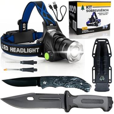 Imagem de Kit Sobrevivência Tático Lanterna de Cabeça LED 99000 Lumens Foco Ajustável Corta Vento Faca Tática Canivete Pedernal Acampamento Emergência