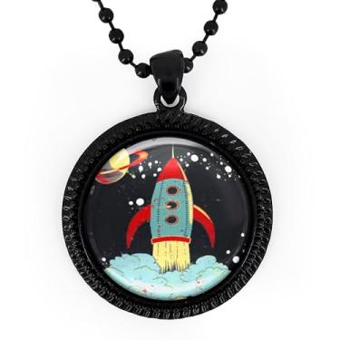 Imagem de Colar com pingente de foguete retrô - ilustração vintage de nave espacial, arte de foguete de brinquedo, prata ou preto, corrente de bola de 61 cm - 243-RN, grande, metal, sem pedra preciosa