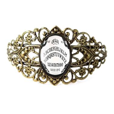 Imagem de Pulseira de placa Ouija de filigrana vitoriana, liga metálica ajustável, estilo gótico de Halloween, disponível em bronze antigo, prata, preto, 45-CB, Adjustable, Vidro, Sem Pedra Preciosa