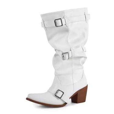 Imagem de USRUNOE Botas de panturrilha extra largas para mulheres – Botas de cano alto despojadas com fivela ajustável com salto bloco confortável, perfeita para outono e inverno, Branco, 37