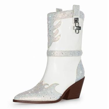 Imagem de Botas femininas de cowboy com strass brilhante, cano médio, panturrilha, larga, estilo cowgirl, bico fino, glitter, sem zíper, botas grossas, retrô, clássica, festa de casamento, Branco, 35