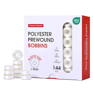 Imagem de Richword Bobinas pré-enroladas selecionadas, laterais de plástico, 144 peças tamanho G (SA155), linha de bobina de poliéster 70D/2 (60WT) para máquina de bordar comercial com várias agulhas, branca