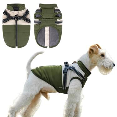 Imagem de COOHAMS Casaco de inverno para cães pequenos e médios, roupa de neve impermeável e à prova de vento, jaqueta de lã, casaco refletivo para filhotes com arnês embutido (verde clássico, pequeno)