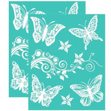 Imagem de Briartw Pacote com 2 estênceis de serigrafia de borboletas, estênceis de malha autoadesivos reutilizáveis de 20 x 25 cm com sentimentos de flores para impressão em madeira, tecido, parede, copo, vidro