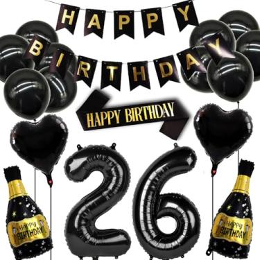 Imagem de Conjunto de decorações de aniversário de 26 anos para mulheres e homens, balão de decoração de aniversário de 26 anos de ouro preto, suprimentos para festa de 26 anos, incluindo faixa, alça de ombro e