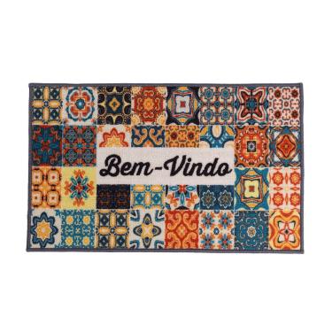 Imagem de Tapete De Entrada Bem Vindo Azulejo Colorido 75x45cm - Uzoo Tapete Entrada 75x45cm Bem Vindo Azulejo Colorido