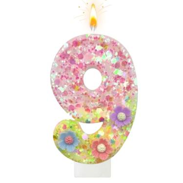Imagem de Velas de aniversário de flores silvestres - Vela número 9 para topos de bolo, velas de macaron para decorações de festa temática doce, aniversário de casamento e outras celebrações (9 velas)