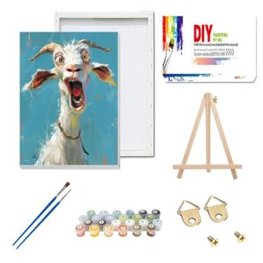 Imagem de Yunruily Kit de pintura por números para crianças - Kit engraçado de pintura de ovelha por número, pintura por números com cavalete de madeira para decoração de parede de casa (20 x 30 cm)