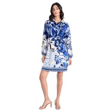 Imagem de Maggy London Vestido feminino de manga comprida com gola e cintura amarrada - Vestidos tropicais para convidados de casamento, Creme/azul, M