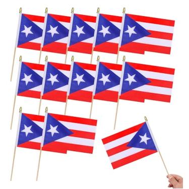 Imagem de HSQCEZ 12 peças pequenas bandeiras de Porto Rico em bastão de madeira mini bandeira porto-riquenha decorações de bandeira portátil, 12 x 20 cm