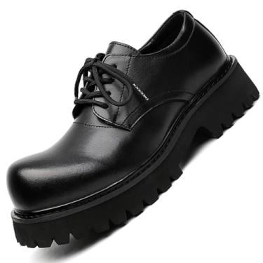 Imagem de Sapato social masculino moderno plataforma grosso negócios casual aumento de altura sapatos Oxford bico redondo couro Derby sapatos, Preto, 39