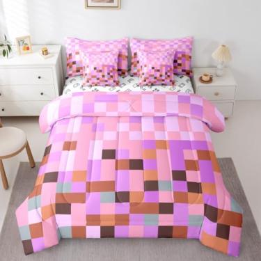 Imagem de Jogo de cama Queen com tema quadriculado de pixels, blocos de videogame, tamanho Queen, geométrico, colorido, xadrez, rosa, roxo, supermacio, resistente ao desbotamento
