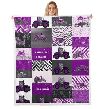 Imagem de Erosebridal Cobertor de trator roxo fazenda caminhão carro cobertor solteiro equipamento de desenho animado colheitadeira cobertores de lã máquinas veículo de construção cobertores sherpa macios