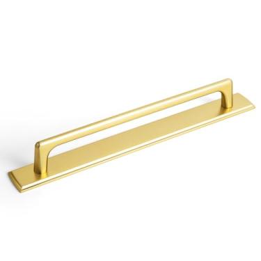 Imagem de Goo-Ki Puxadores de armário dourados escovados embalados com placa traseira quadrada clássica - 192 mm (7,6") puxadores de gaveta centrais para cozinha