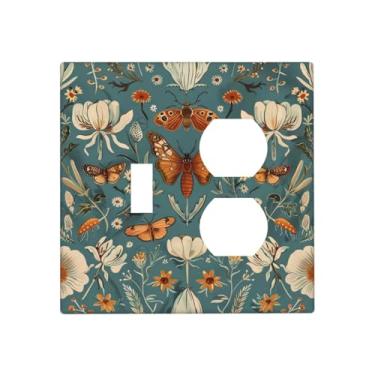 Imagem de DWBGUO Capas de tomada decorativas com borboleta rústica, flor branca em fundo azul, design de placa de parede de 2 grupos, interruptor de luz duplex único, capa para interruptor de luz para decoração