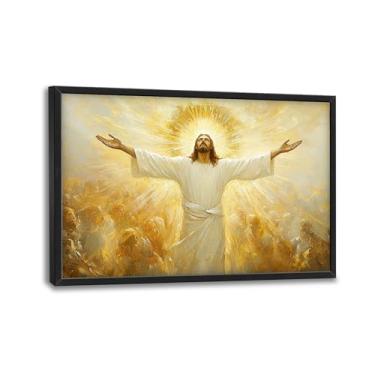 Imagem de Arte de parede de Jesus para sala de estar, decoração de parede grande em tela de Cristo, pintura emoldurada de Jesus com luz dourada, arte moderna para banheiro, quarto, escritório, 91 cm x 60 cm L