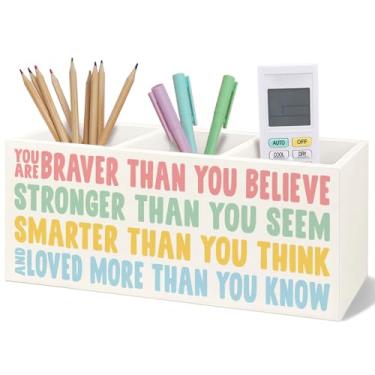 Imagem de Yhtrg Boho Suporte de lápis de madeira motivacional para mesa, You Are Braver Than You Believe, Citações inspiradoras, escova de dentes, organizador para quarto de crianças, berçário, sala de jogos