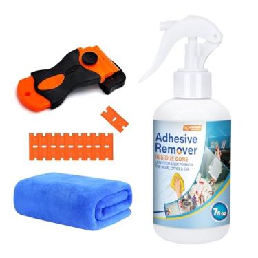 Imagem de Spray removedor de adesivo seguro para superfícies 200 ml - Dissolve rapidamente adesivos resíduos de fita de carro, janelas, vidro, chão e mais com raspador de plástico e pano de microfibra para