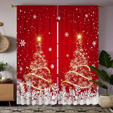 Imagem de Cortinas de Natal vermelhas, douradas com estampa de árvore brilhante e floco de neve, painéis decorativos de janela para sala de estar e quarto, 2 painéis 53 x 113 cm