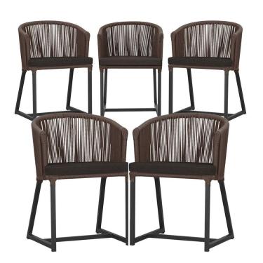Imagem de 5 Cadeiras De Jantar Noronha Preta Corda Náutica E9 Trama Marrom