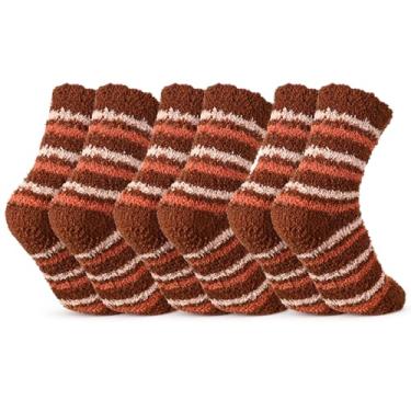 Imagem de Foaincore 3 meias femininas felpudas, listradas, macias, grossas, aconchegantes para dormir, para mulheres de inverno, meias adultas, Marrom, Medium