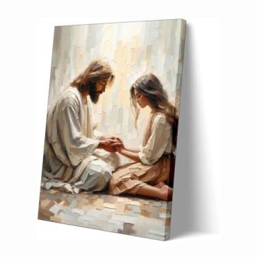 Imagem de Tela de arte de parede de oração Jesus e menina, pintura religiosa cristã, decoração de fé espiritual, arte inspiradora de Deus para sala de estar, quarto, igreja, escritório, 30 x 40 cm, moldura de