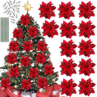 Imagem de Pacote com 20 Flores de Poinsetia Sparkle Decoração Artificial Glitter Clipes Caule para Decorações Festivas Casamento Árvore Porta Guirlanda e Ano Novo