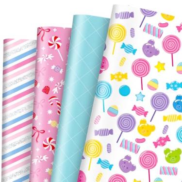 Imagem de Whaline 12 folhas de papel de embrulho Candyland – Não rolo – Papel de embrulho colorido com listras xadrez doces doces dobradas para artesanato DIY, festa de aniversário, 40 x 70 cm