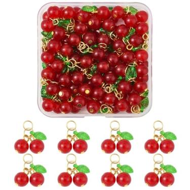 Imagem de MakemadeDIY O kit de fabricação de joias com pingentes de frutas inclui 50 pingentes fofos de vidro cereja vermelho com folha verde e anéis de salto para pulseiras, colares e brincos