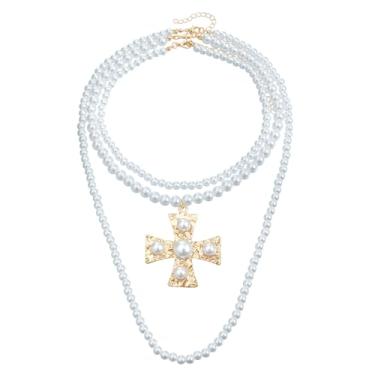 Imagem de Colar com pingente de cruz de pérola de ouro grosso, colar de pérolas em camadas, formato de cruz, corrente empilhável, clipe de papel, colar cruzado, joia feminina, one size, Zinco, Sem Pedra