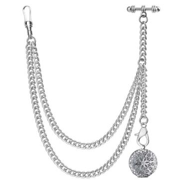 Imagem de DerMacht Corrente de relógio de bolso único Albert T-Bar com caixa de grade medalhão pingente difusor de óleo essencial, 8. Prata (apenas corrente)