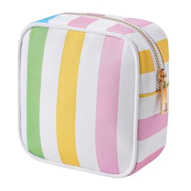 Imagem de RSRSLEII Bolsa de maquiagem listrada pequena para bolsa, mini bolsa de cosméticos com zíper, linda bolsa de cosméticos para mulheres e meninas, bolsa de batom com bolso para chave, porta-cartões