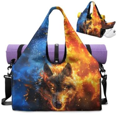 Imagem de Tansealive Bolsa de ginástica engraçada com estampa de animal com compartimento para sapatos e suporte de tapete de ioga para homens, bolsa de treino com bolso, Lobo de chama