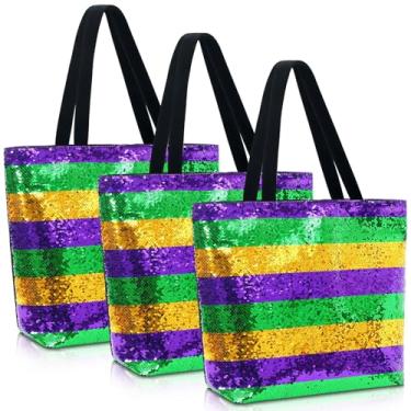 Imagem de Dansydaisy Bolsa de praia para carnaval, 3 peças, carnaval, listrada, roxa, verde e dourada, para amantes de carnaval, presente e acessórios de carnaval, Lantejoulas roxas, verdes e douradas