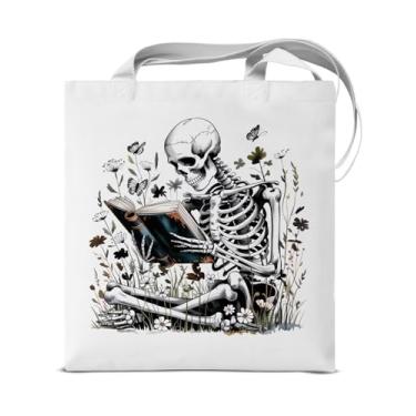 Imagem de KSFFWQIN Bolsa de ombro de esqueleto para leitura de livros para mulheres leitoras de esqueleto gótico estética reutilizável mercearia bolsa de ombro para compras, trabalho, livros florais