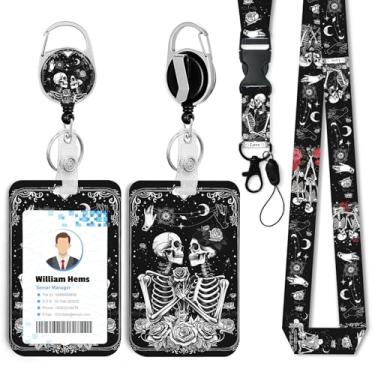 Imagem de Porta-crachá Skeleton&Love ID com cordão separável e carretel retrátil resistente - chaveiro mosquetão giratório de 360° para mulheres, estudantes, professores, enfermeiros, uso no escritório