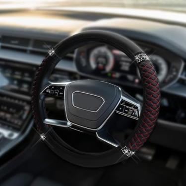 Imagem de HQRNYP Capa de volante de couro macio brilhante, protetor de volante, 38 cm colorido strass elástico, acessórios de carro de couro antiderrapante para mulheres e meninas (preto e vermelho)