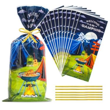 Imagem de Docvania Sacos de presente de celofane para acampamento para violoncelo, sacos de biscoito para acampamento, 100 peças, 12 x 27 cm, saco de guloseimas com laços para acampamento, decorações de festa e