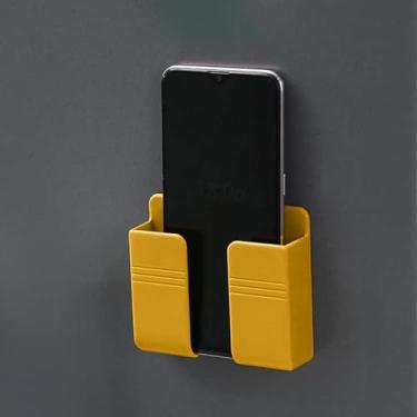 Imagem de 1 peça de suporte de telefone adesivo montado na parede com orifício para cabo de dados e caixa de armazenamento: ideal para quarto, cozinha, banheiro, escritório (amarelo)